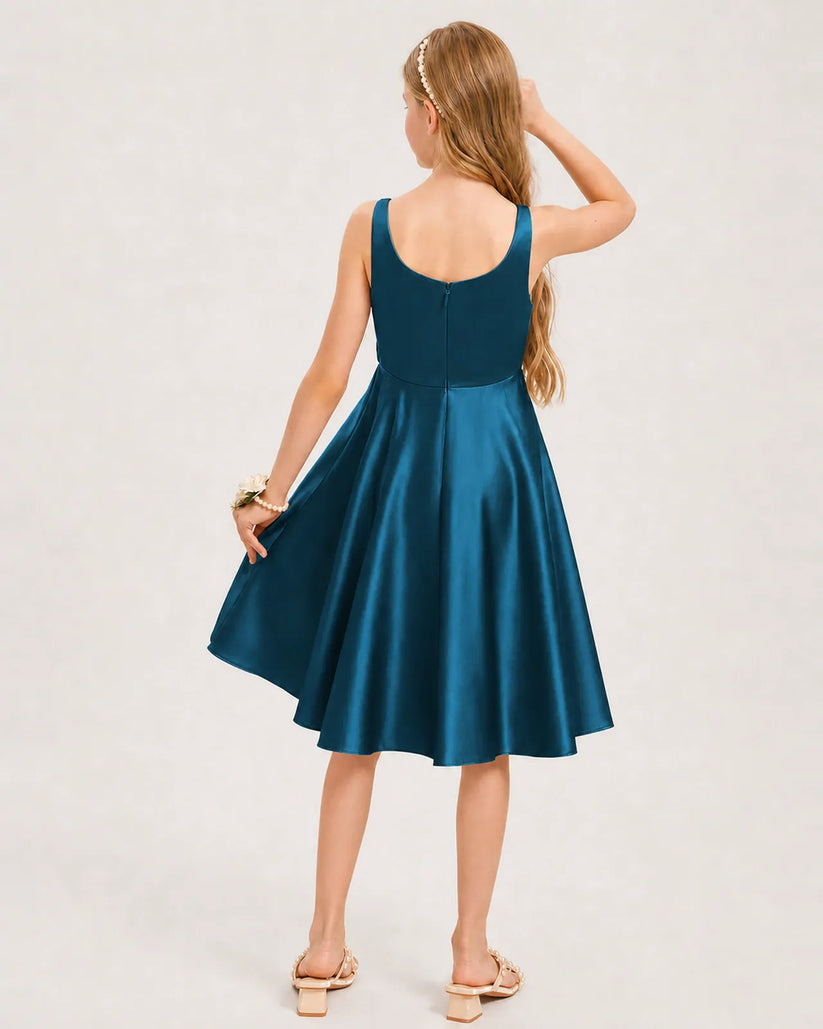 Teal Satin A-line Junior Bridesmaid Dress Back View