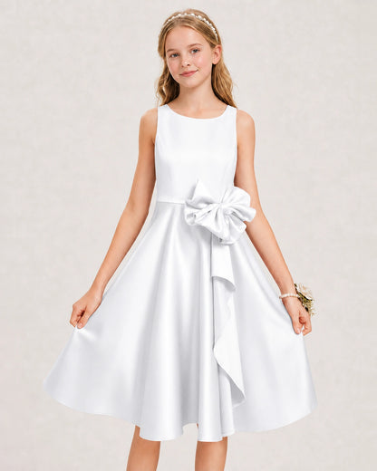 White Satin Junior Bridesmaid Dress  Knee-Length A-Line Gown Detail View