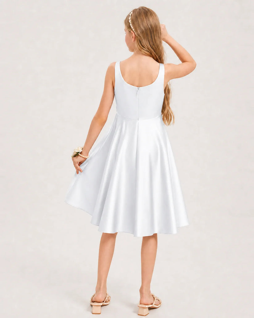 White Satin A-line Junior Bridesmaid Dress Back View