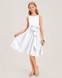 White Satin Junior Bridesmaid Dress  Knee-Length A-Line Gown Front View