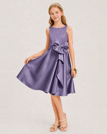 Wisteria Satin Junior Bridesmaid Dress  Knee-Length A-Line Gown Front View