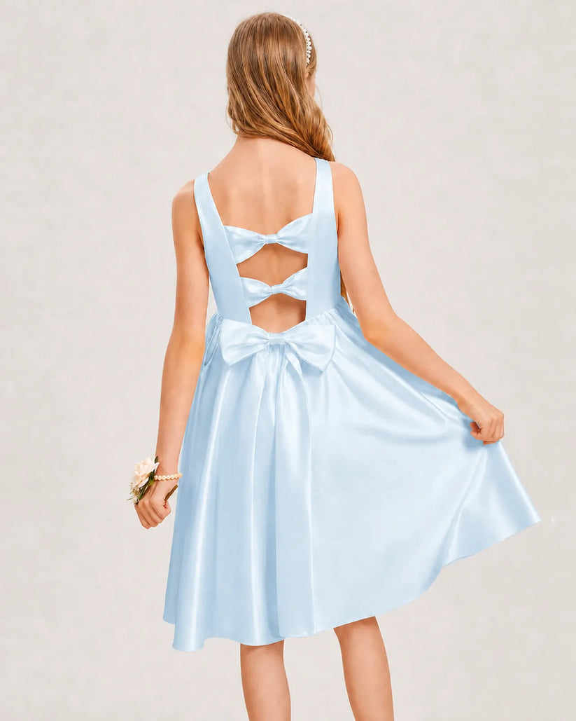 Baby Blue Satin A-line Junior Bridesmaid Dress Back View
