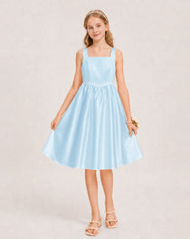 Baby Blue Satin Junior Bridesmaid Dress Knee-Length A-Line Gown