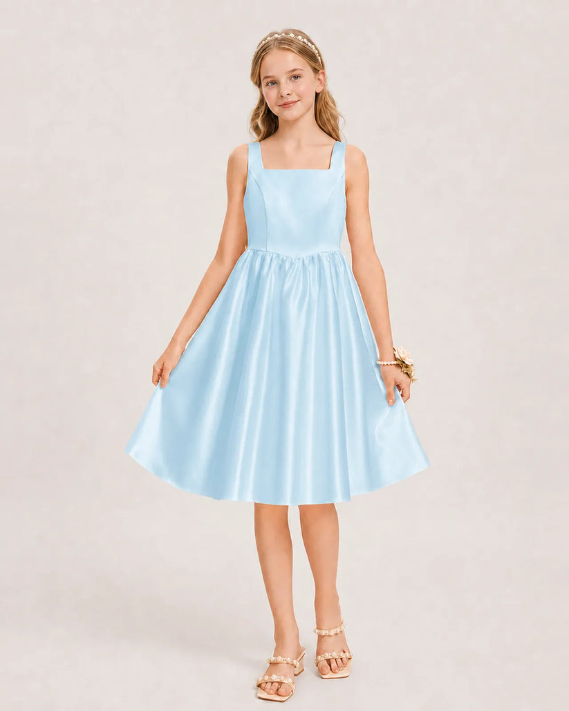 Baby Blue Satin A-line Junior Bridesmaid Dress Front View