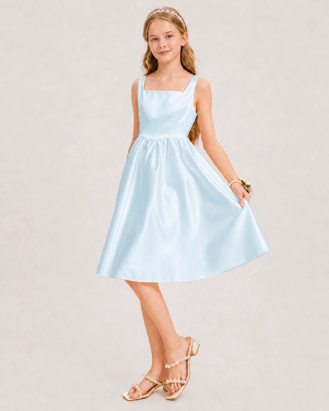 Baby Blue Satin Junior Bridesmaid Dress Knee-Length A-Line Gown