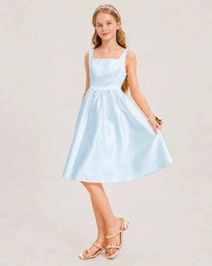 Baby Blue Satin Junior Bridesmaid Dress Knee-Length A-Line Gown