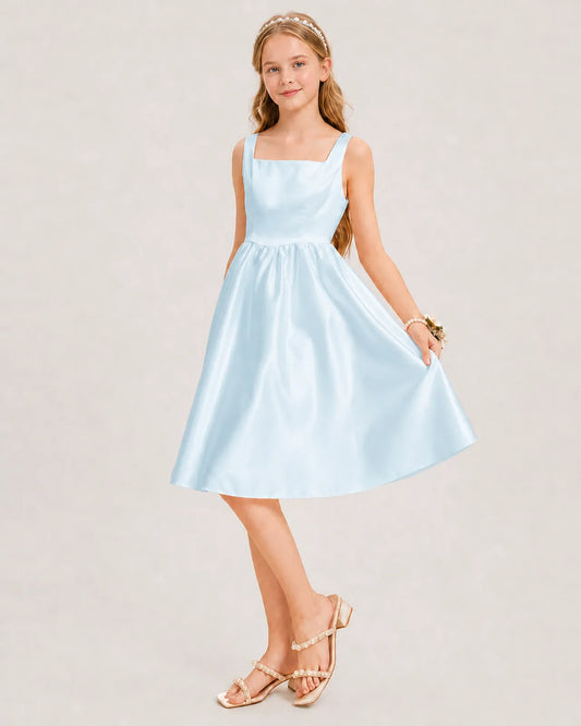 Baby Blue Satin A-line Junior Bridesmaid Dress Front View