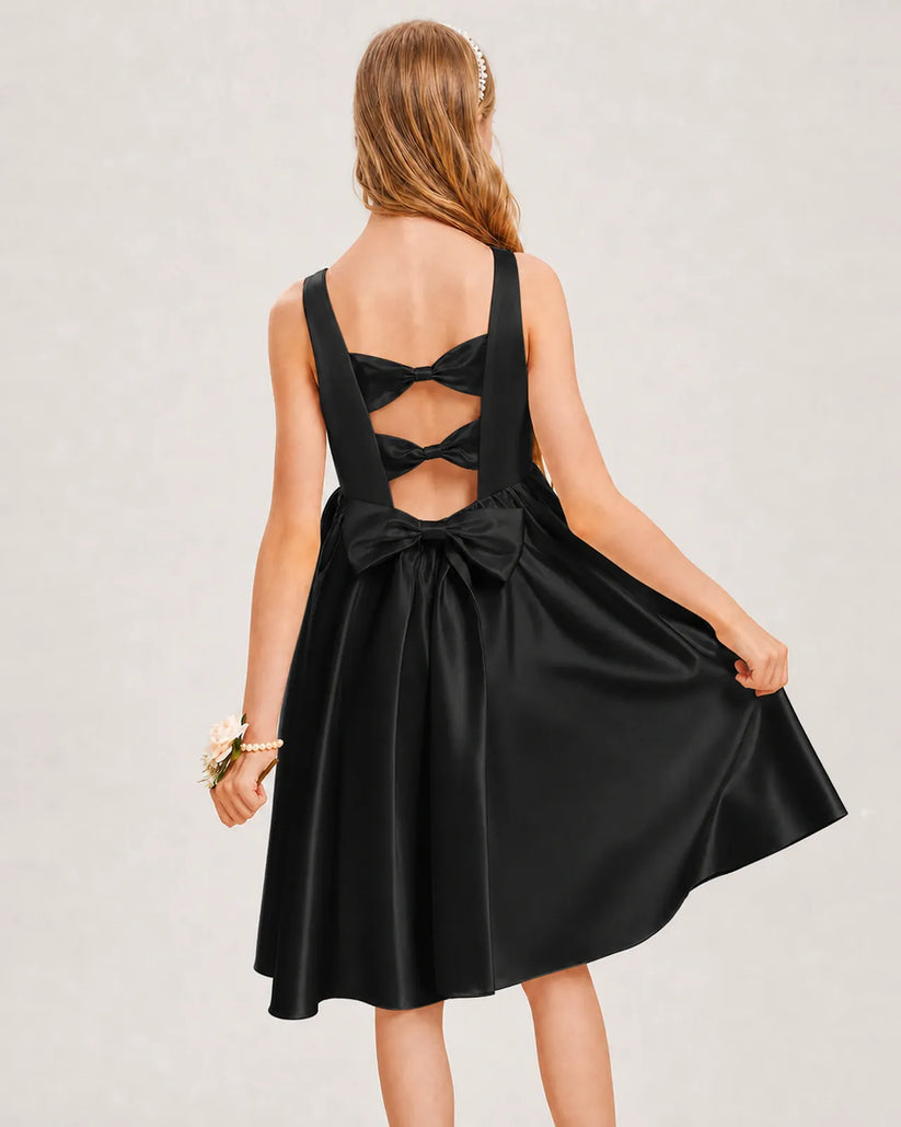 Black Satin A-line Junior Bridesmaid Dress Back View