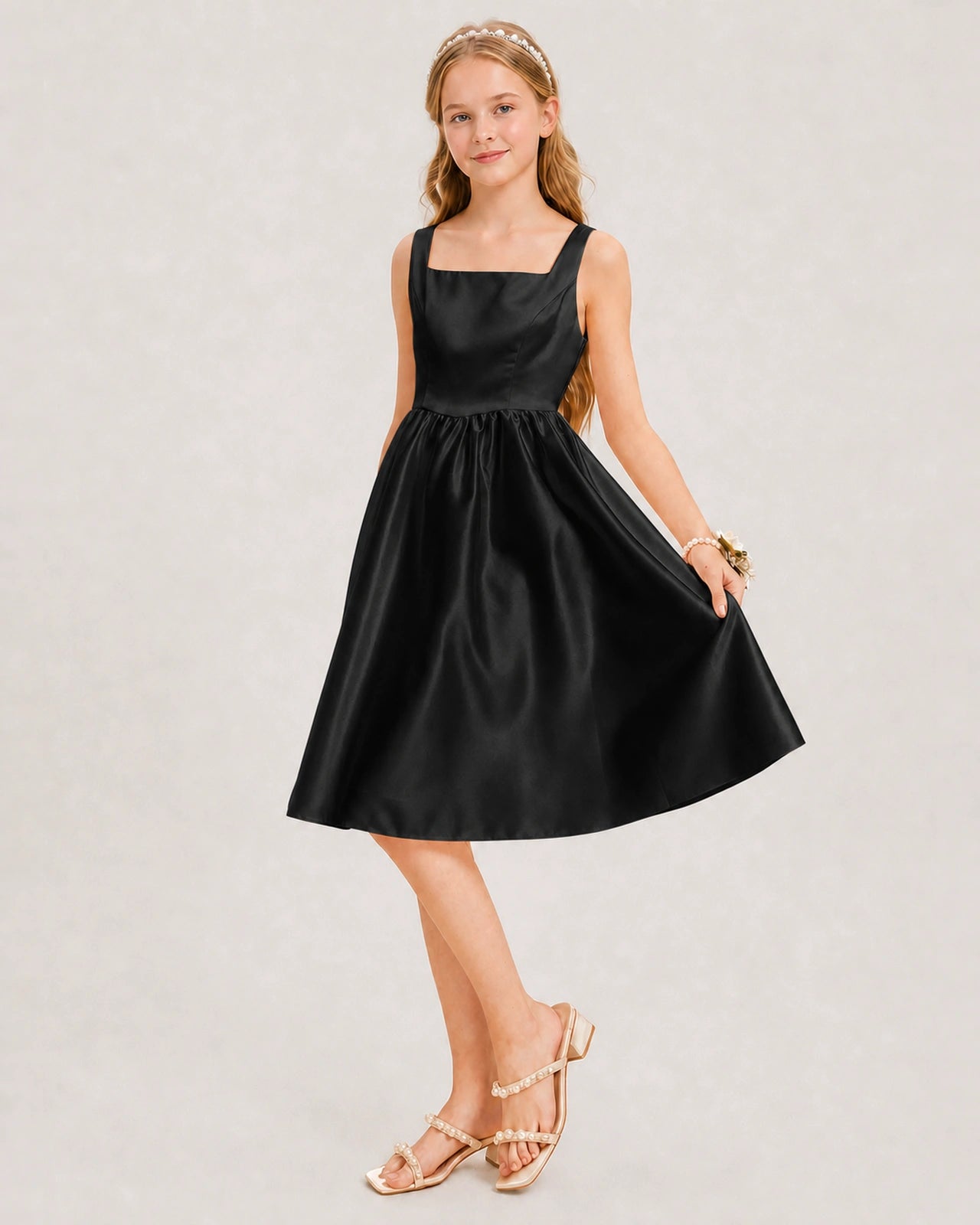 Black Satin Junior Bridesmaid Dress Knee-Length A-Line Gown