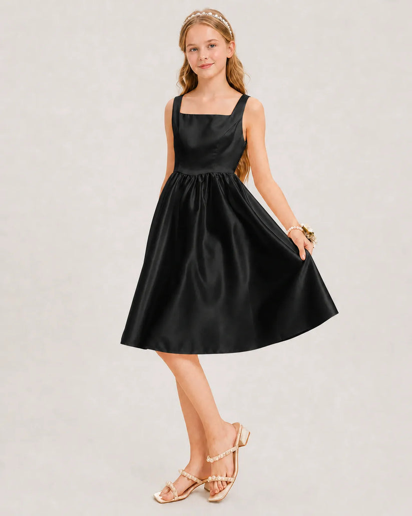 Black Satin A-line Junior Bridesmaid Dress Front View