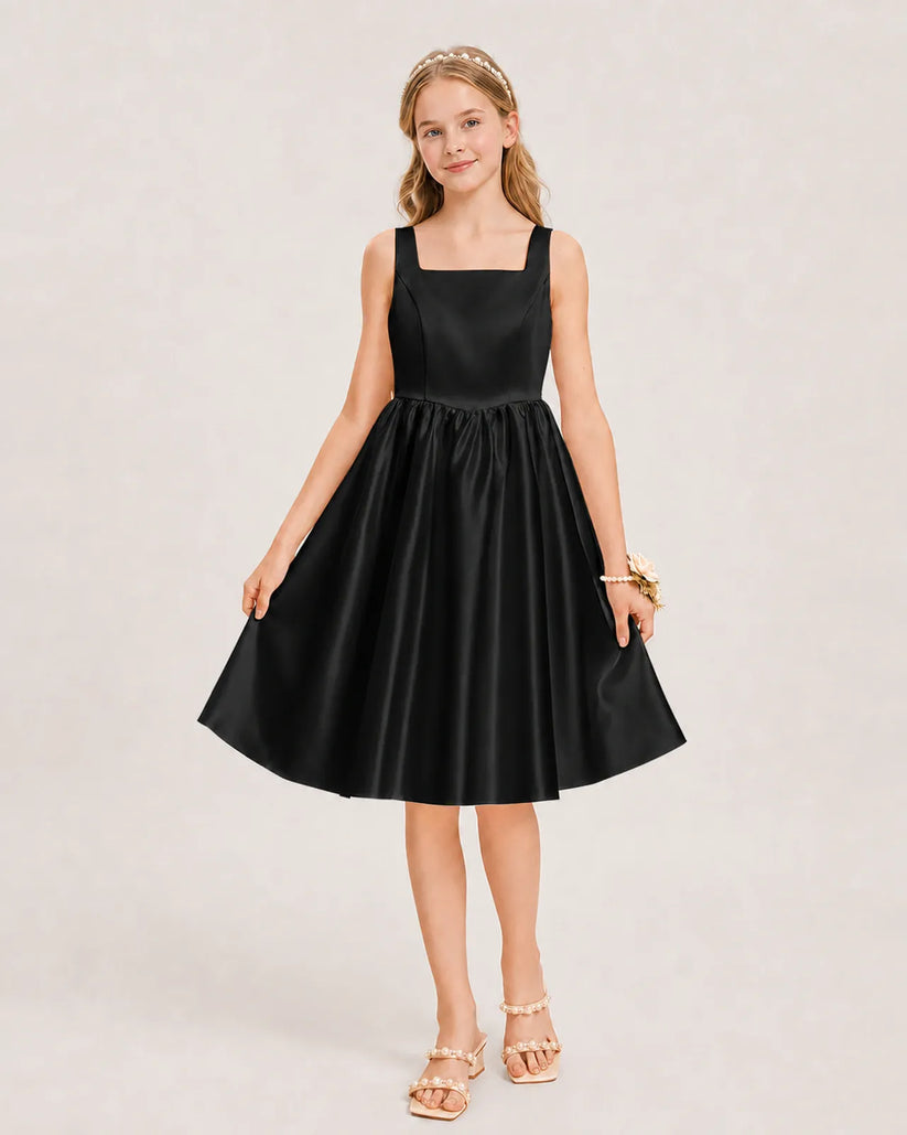 Black Satin A-line Junior Bridesmaid Dress Front View