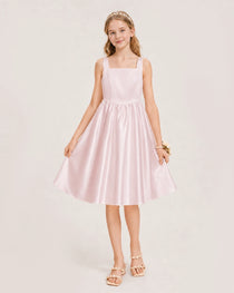 Blush Pink Satin Junior Bridesmaid Dress Knee-Length A-Line Gown