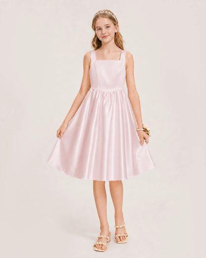 Blush Pink Satin Junior Bridesmaid Dress Knee-Length A-Line Gown