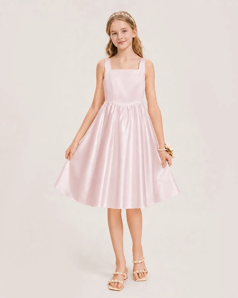 Blush Pink Satin A-line Junior Bridesmaid Dress Front View