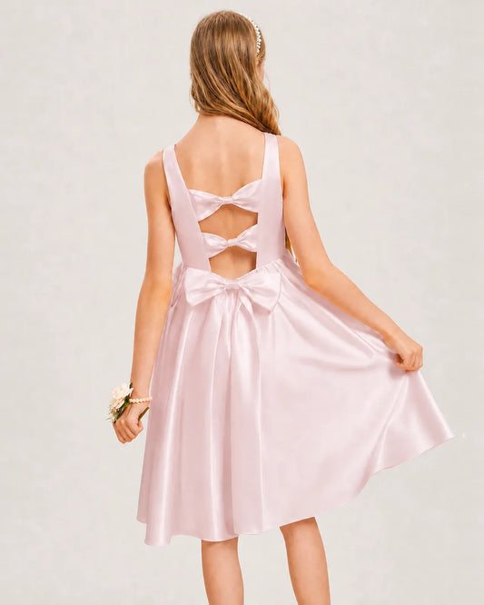 Blush Pink Satin A-line Junior Bridesmaid Dress Back View
