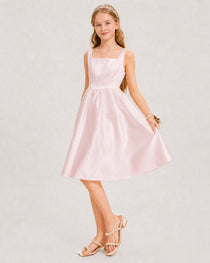 Blush Pink Satin Junior Bridesmaid Dress Knee-Length A-Line Gown