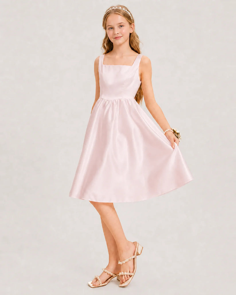 Blush Pink Satin A-line Junior Bridesmaid Dress Front View