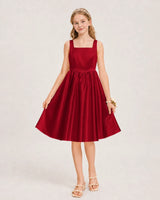 Burgundy Satin A-line Junior Bridesmaid Dress Front View