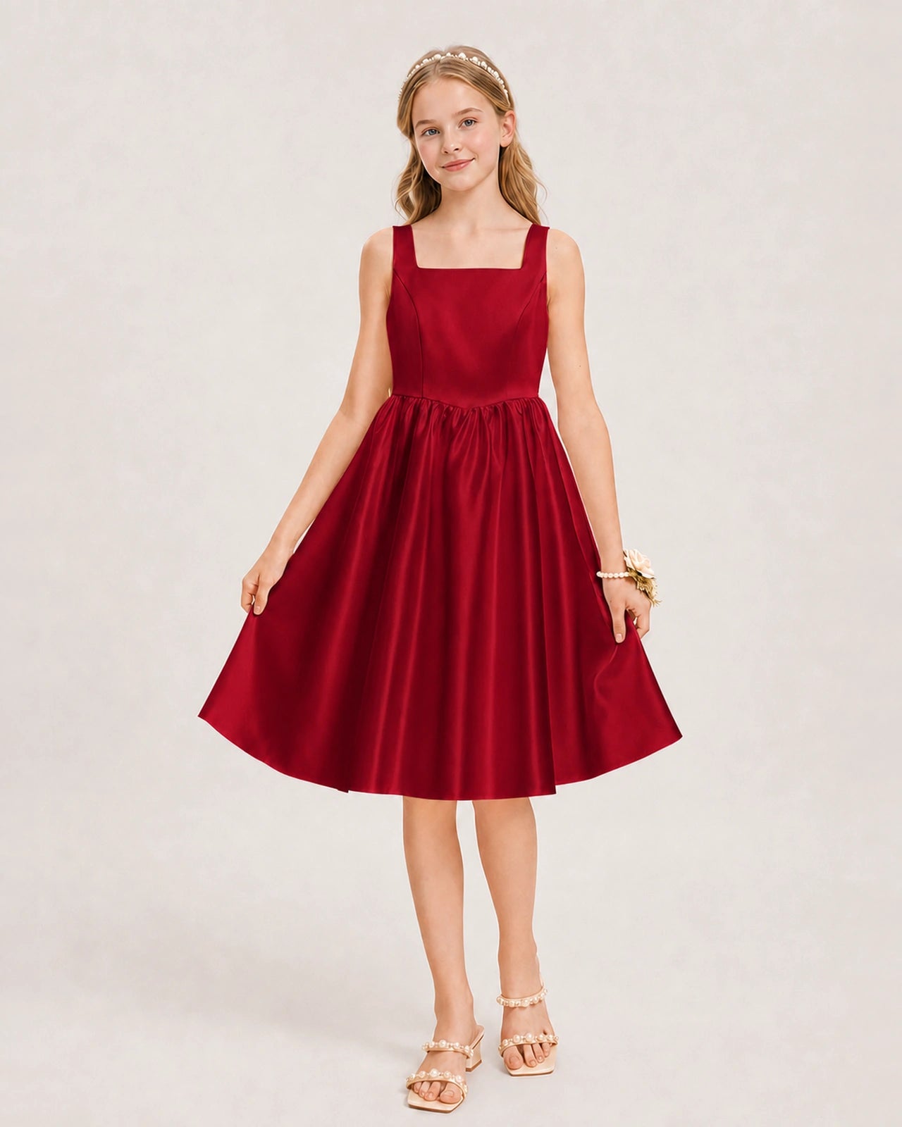 Burgundy Satin Junior Bridesmaid Dress Knee-Length A-Line Gown