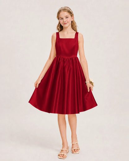 Burgundy Satin Junior Bridesmaid Dress Knee-Length A-Line Gown