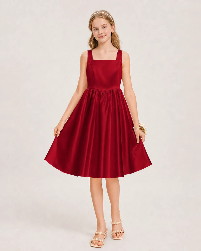 Burgundy Satin A-line Junior Bridesmaid Dress Front View
