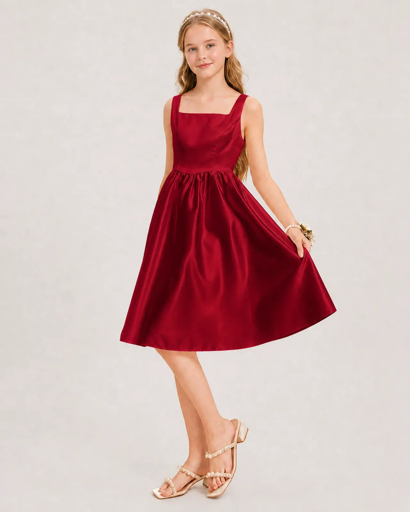 Burgundy Satin A-line Junior Bridesmaid Dress Front View