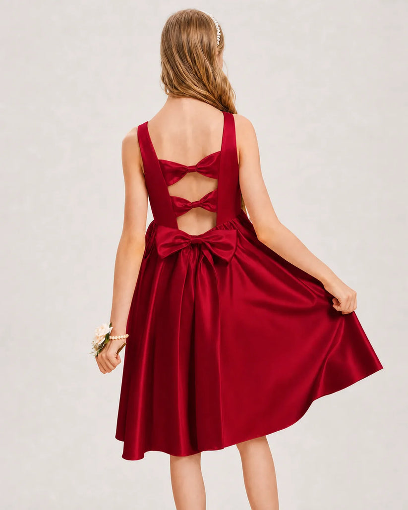 Burgundy Satin A-line Junior Bridesmaid Dress Back View