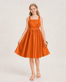 Burnt Orange Satin Junior Bridesmaid Dress Knee-Length A-Line Gown