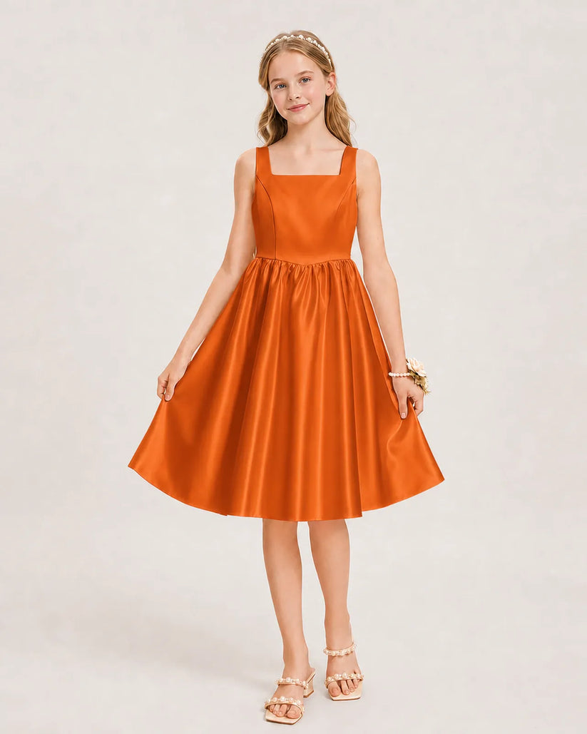 Burnt Orange Satin A-line Junior Bridesmaid Dress Front View