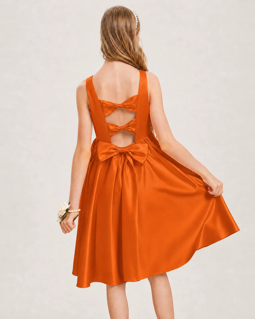 Burnt Orange Satin A-line Junior Bridesmaid Dress Back View
