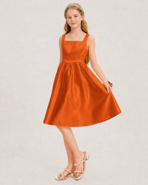 Burnt Orange Satin Junior Bridesmaid Dress Knee-Length A-Line Gown