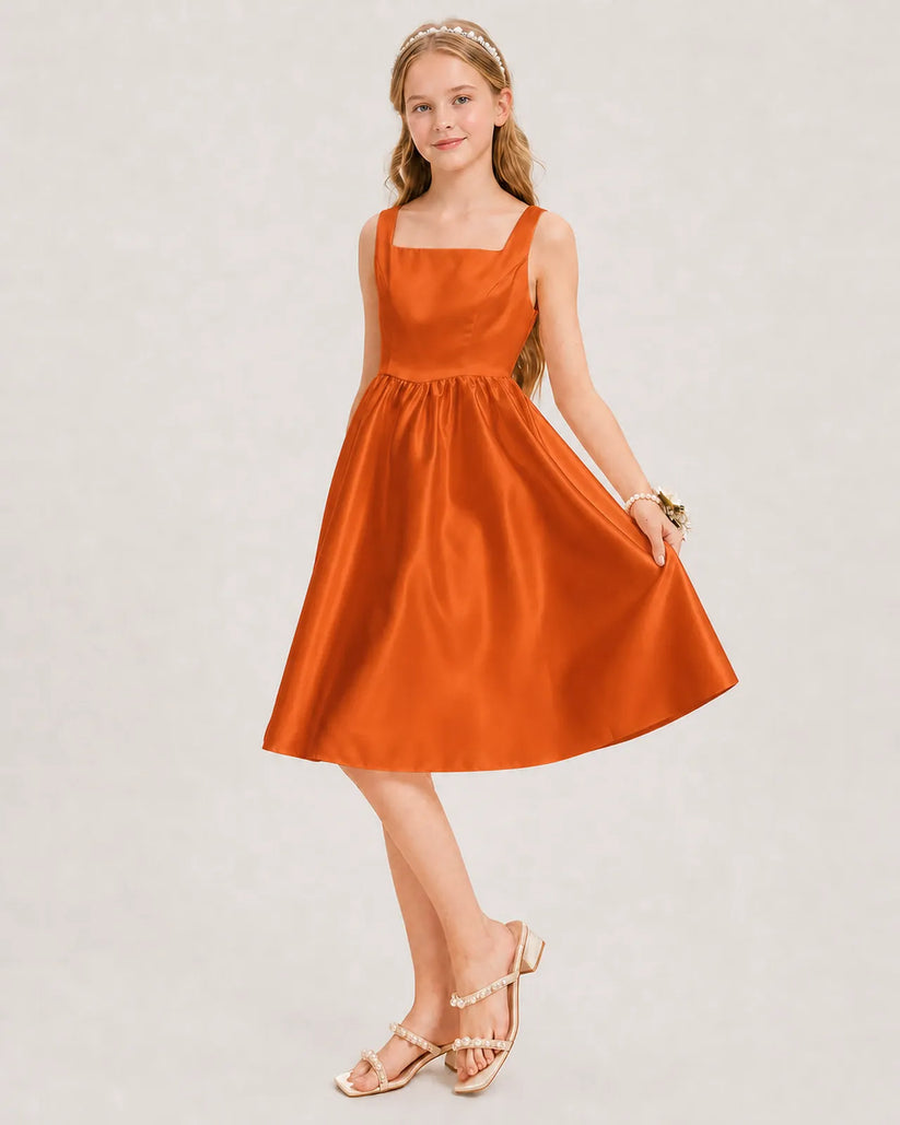 Burnt Orange Satin A-line Junior Bridesmaid Dress Front View