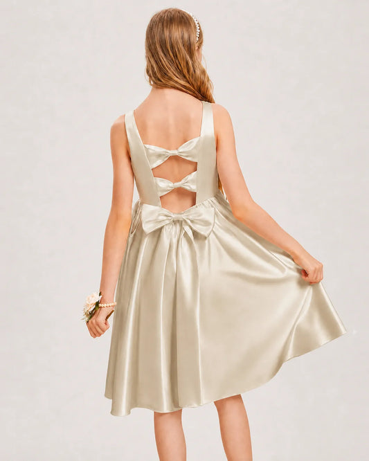 Champagne Satin A-line Junior Bridesmaid Dress Back View
