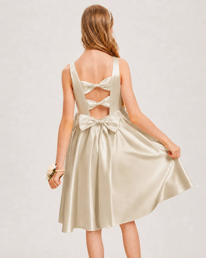 Champagne Satin A-line Junior Bridesmaid Dress Back View