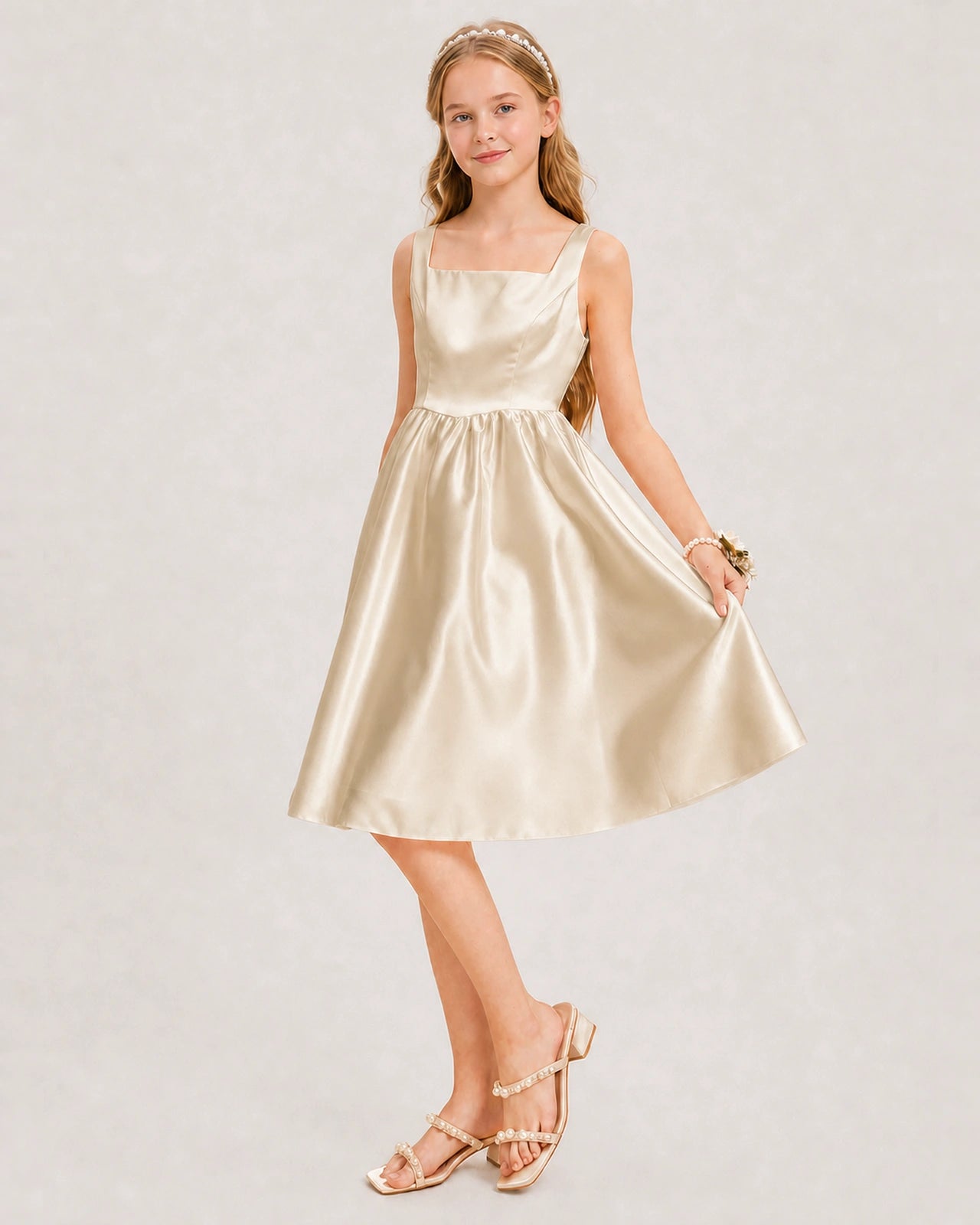 Champagne Satin Junior Bridesmaid Dress Knee-Length A-Line Gown