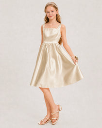Champagne Satin Junior Bridesmaid Dress Knee-Length A-Line Gown