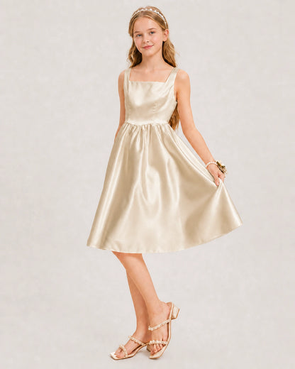 Champagne Satin Junior Bridesmaid Dress Knee-Length A-Line Gown