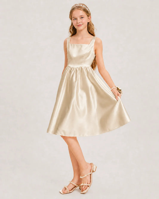 Champagne Satin A-line Junior Bridesmaid Dress Front View
