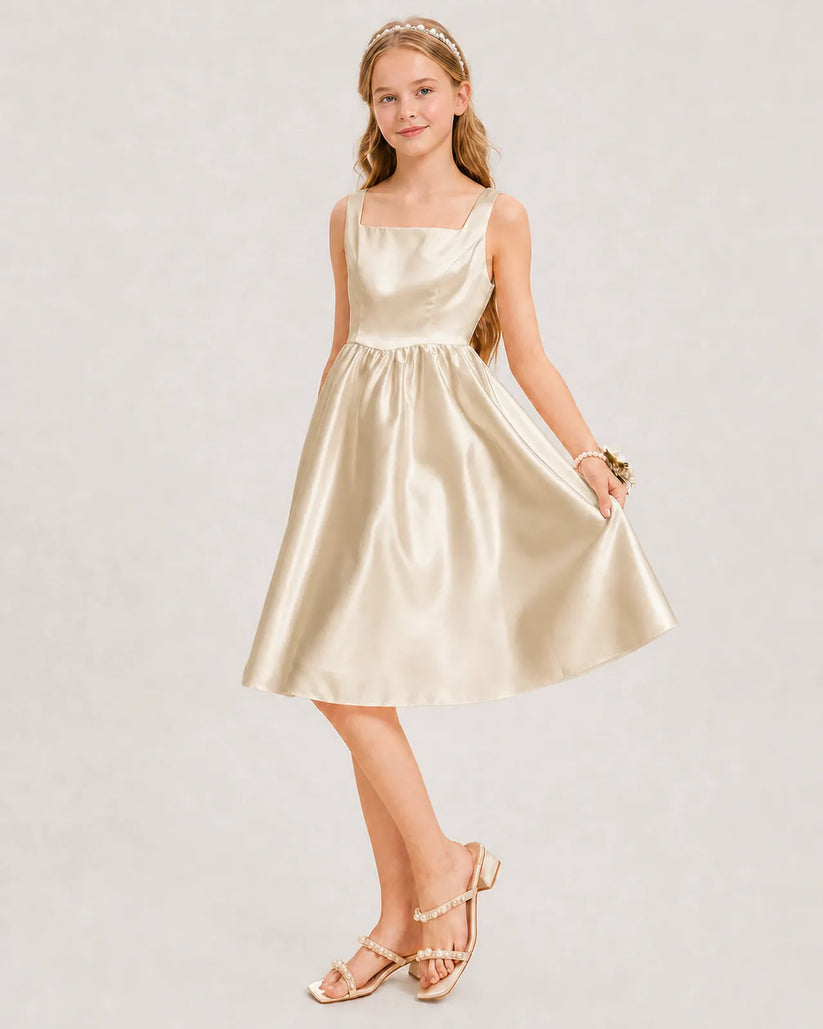 Champagne Satin A-line Junior Bridesmaid Dress Front View