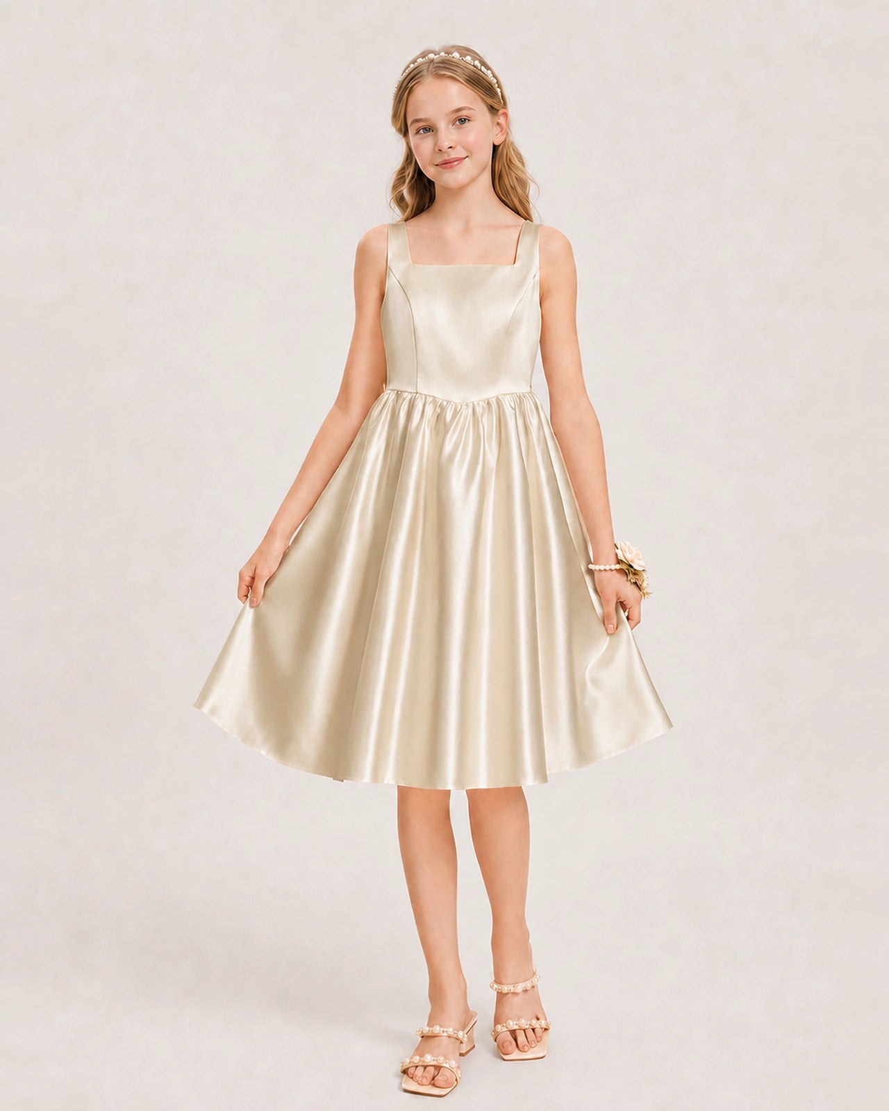 Champagne Satin Junior Bridesmaid Dress Knee-Length A-Line Gown