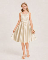Champagne Satin A-line Junior Bridesmaid Dress Front View