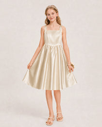 Champagne Satin Junior Bridesmaid Dress Knee-Length A-Line Gown