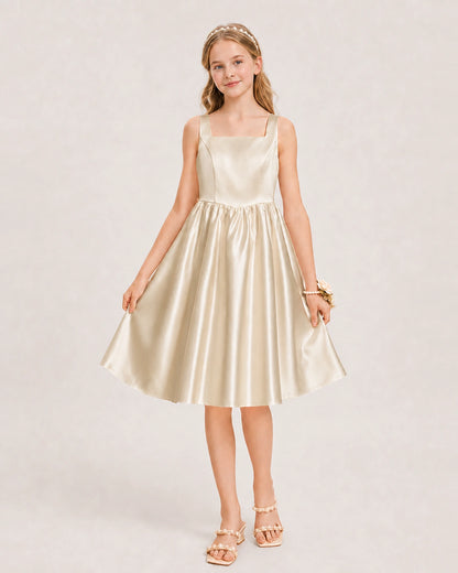 Champagne Satin Junior Bridesmaid Dress Knee-Length A-Line Gown