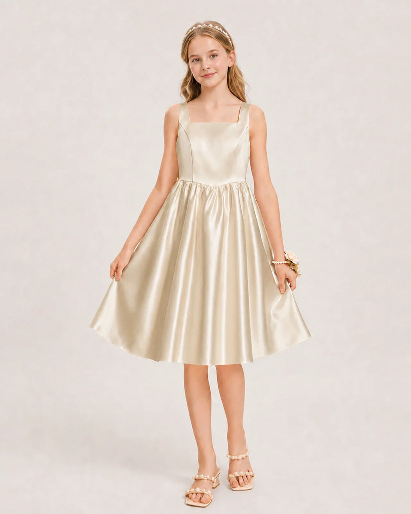 Champagne Satin A-line Junior Bridesmaid Dress Front View
