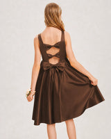 Chocolate Satin A-line Junior Bridesmaid Dress Back View