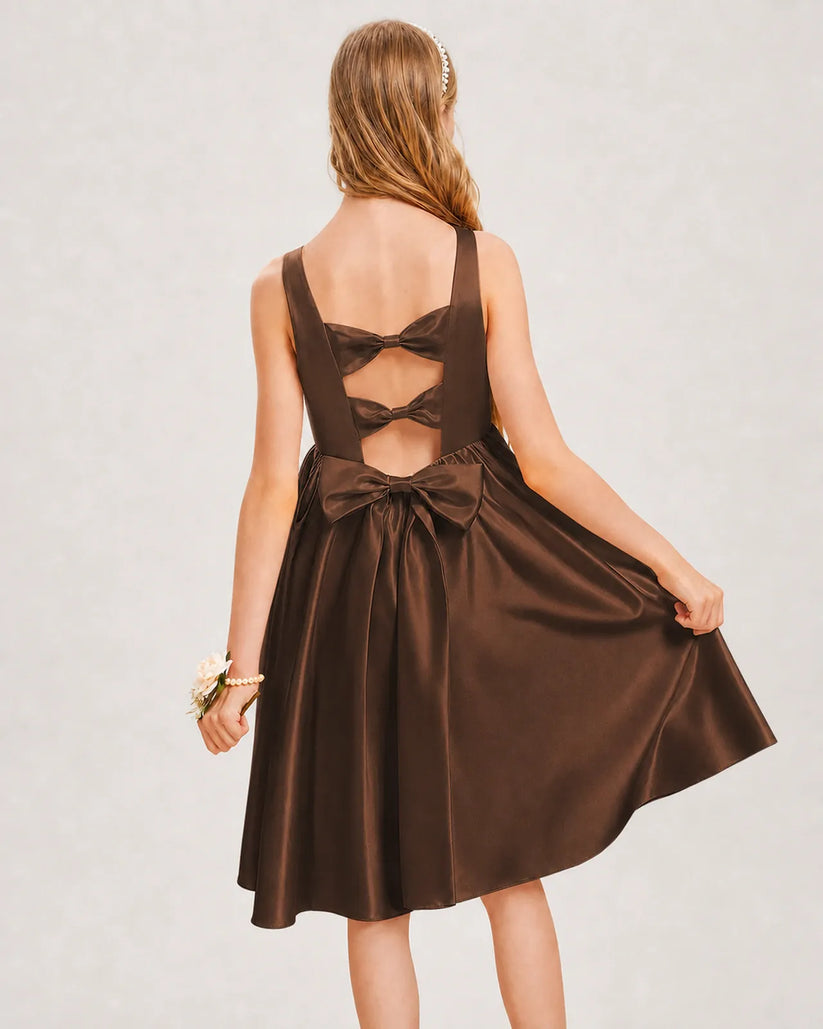 Chocolate Satin A-line Junior Bridesmaid Dress Back View