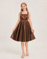 Chocolate Satin A-line Junior Bridesmaid Dress Front View