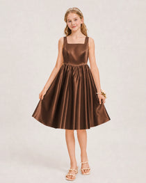 Chocolate Satin Junior Bridesmaid Dress Knee-Length A-Line Gown