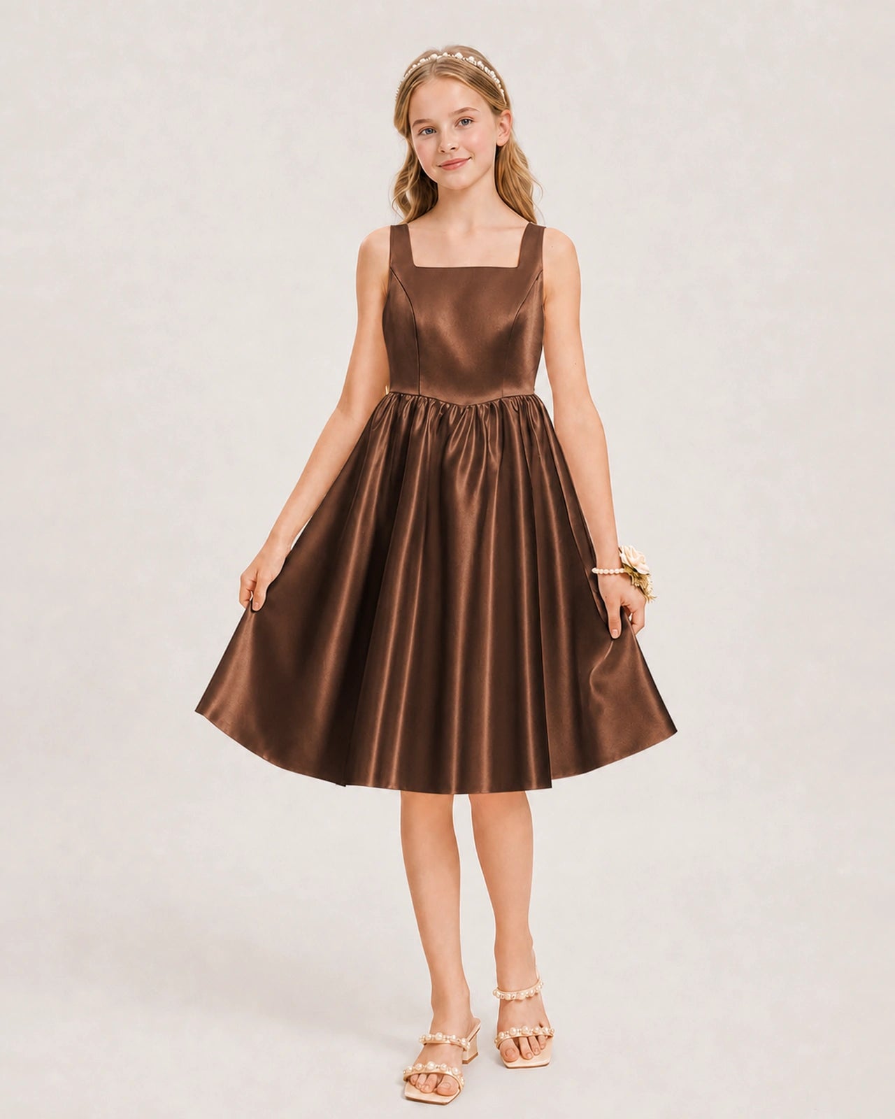 Chocolate Satin Junior Bridesmaid Dress Knee-Length A-Line Gown