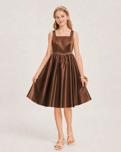 Chocolate Satin Junior Bridesmaid Dress Knee-Length A-Line Gown